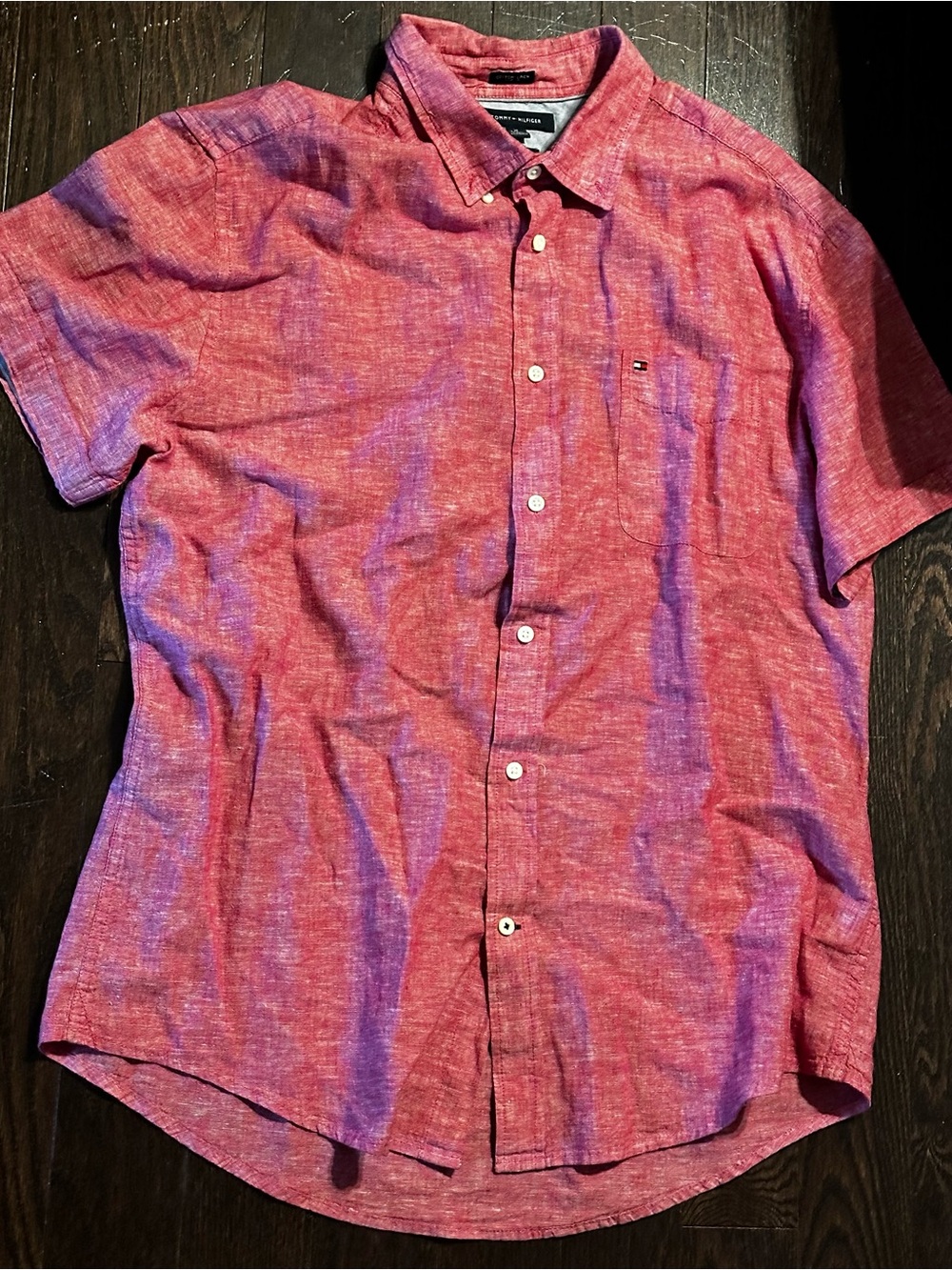 Tommy Hilfiger Red Short-Sleeve cotton Linen Blend Shirt XL